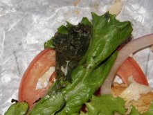 Moldy, Fungus Ridden Lettuce - Arby's, 07-16-2008, I ordered a Market Fresh Turkey and Swiss sandwich. I had ate the first half of the sandwich, when I took a bite of the second half I looked at the sandwich because the lettuce appeared dark. When I opened the bread, I stopped chewing and spit out the sandwich. What I saw was a two large pieces of lettuce that was covered in black mold and fungus. </p>

<p>I went to the store to complain. The person who made the sandwich immediately met me at the counter to see what the problem was. In my opinion it was intentionally done. These sandwiches are 